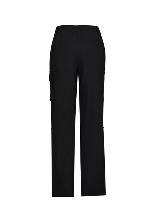 Black women's comfort waist cargo pants with side pockets and a simple design, featuring a logo on the waistband.