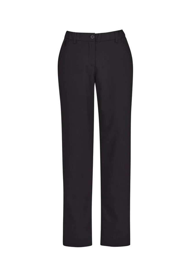A pair of black straight leg pants with a comfort waist, featuring standard pockets and a button closure.