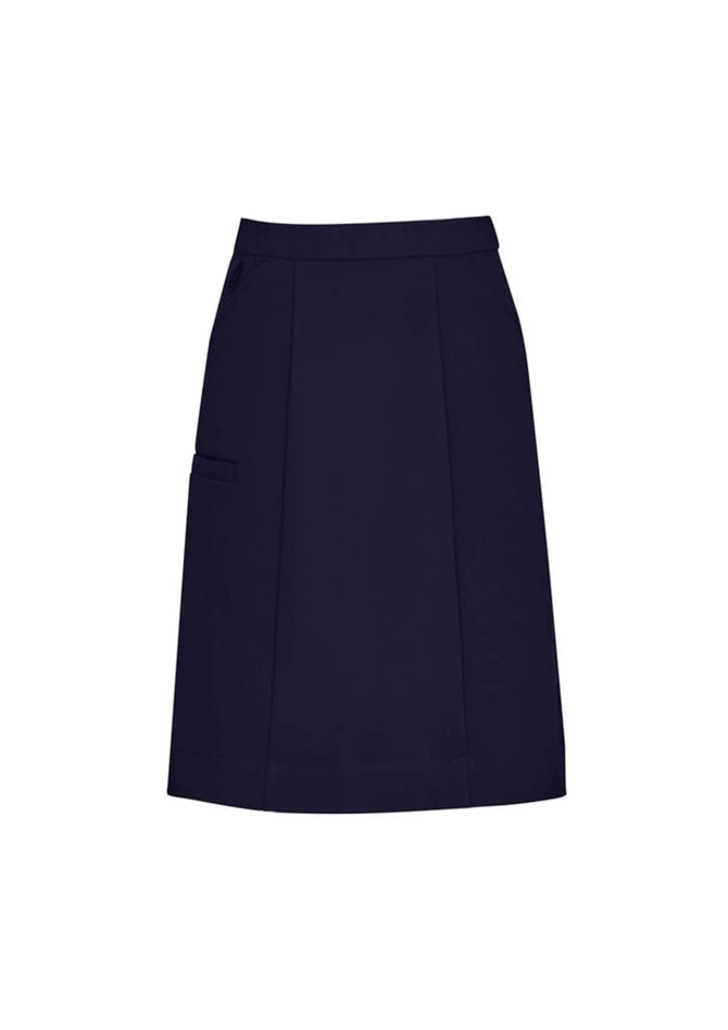 A women's navy cargo skirt with a flat front, featuring side pockets and a structured cut.