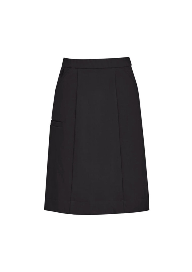 A black women's cargo skirt featuring side pockets and a comfortable waist design. It has a simple, straight cut.