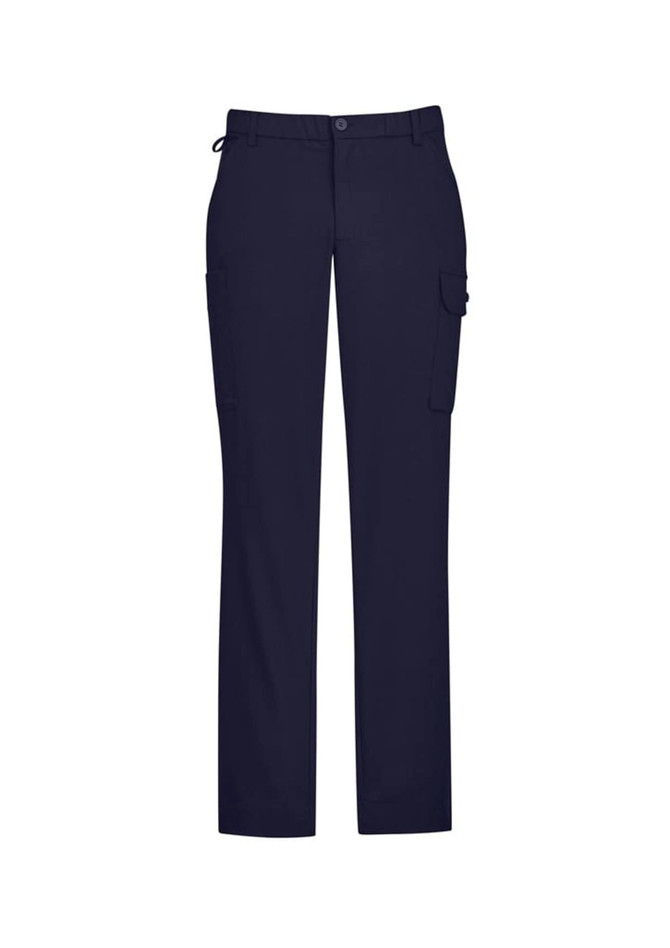 Navy cargo pants featuring multiple pockets and a comfortable waist design. The pants have a branded logo.