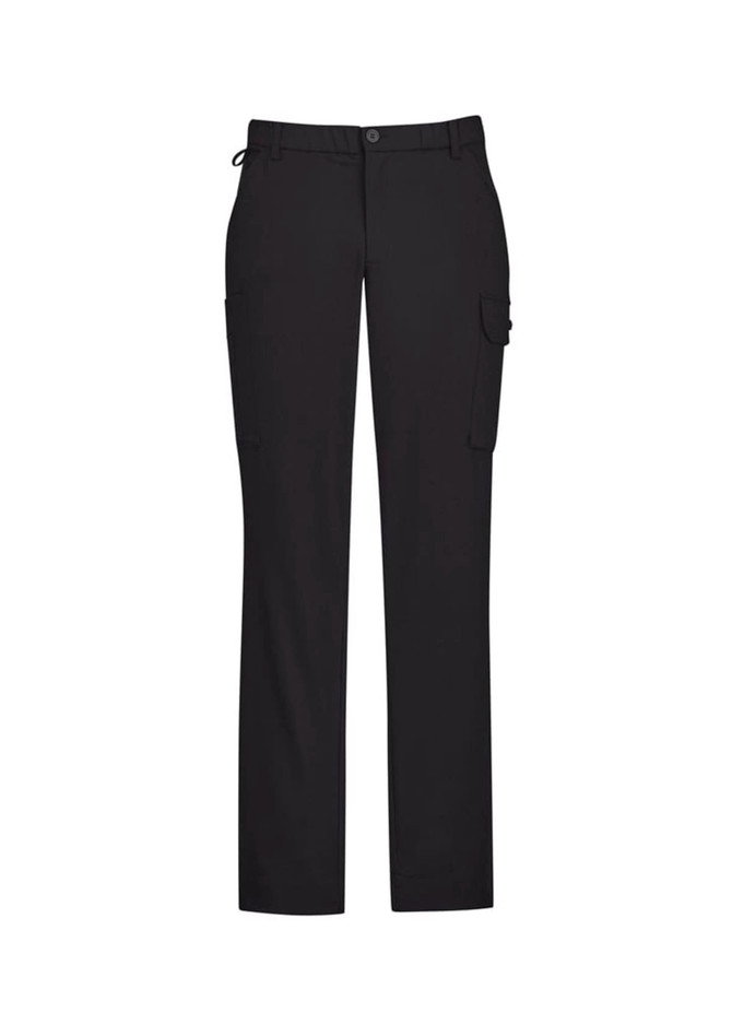 A pair of black cargo pants featuring multiple pockets and a fitted waist. The pants have a logo on the waistband.
