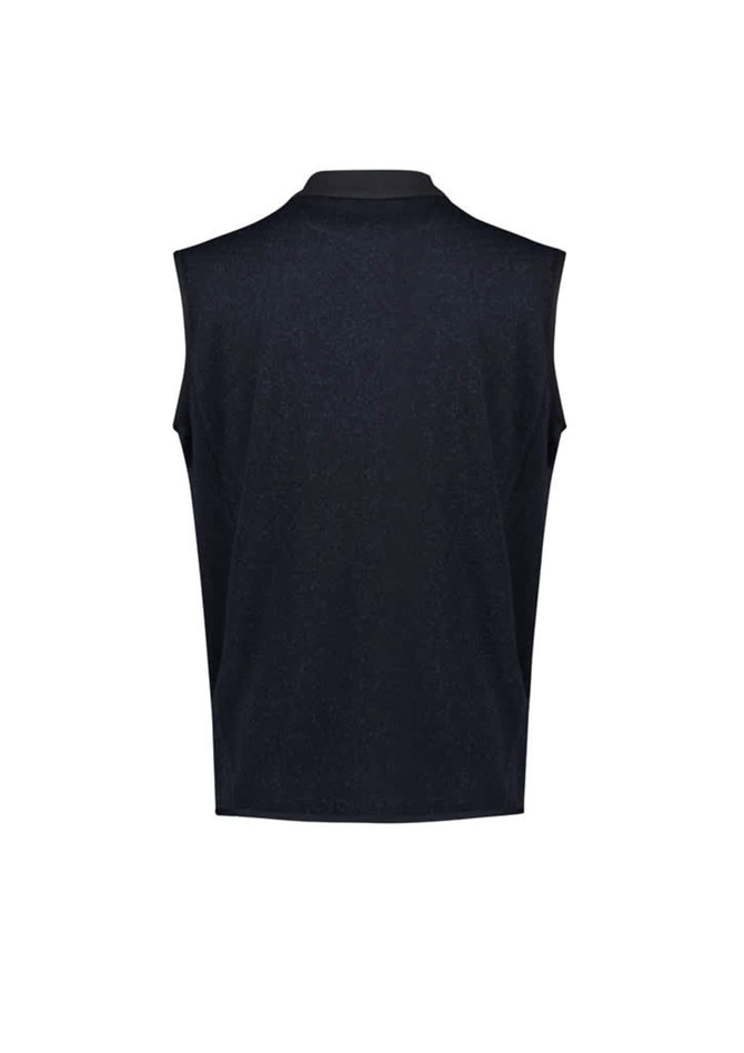 A black zip-front vest with a sleeveless design and a high collar. Features a logo on the back.