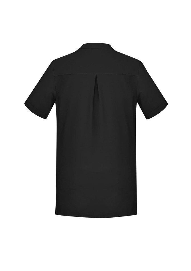 A plain black women's tunic featuring a back pleat and short sleeves, with a logo on one side.