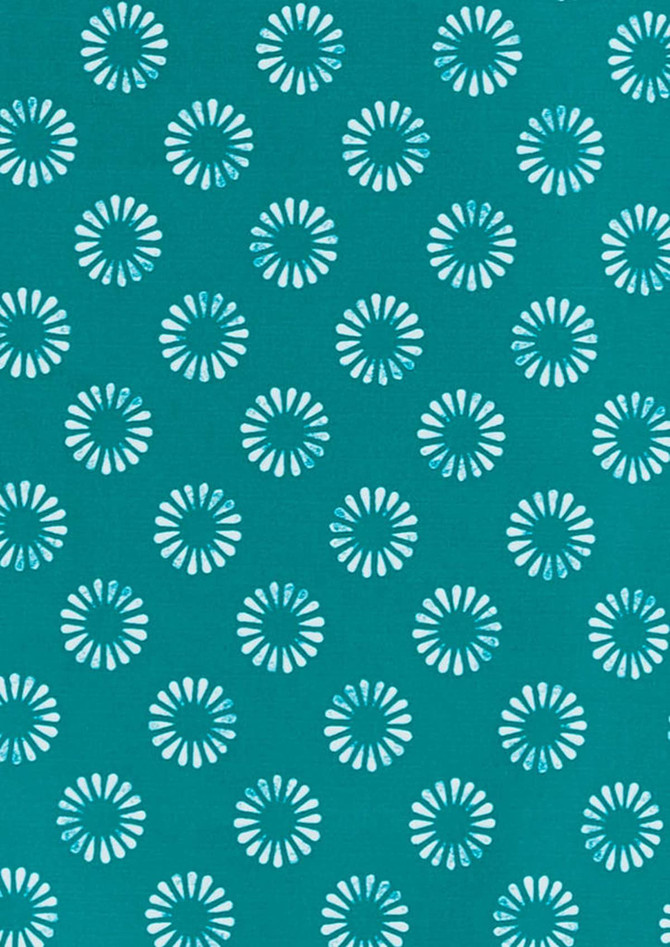 A teal fabric featuring a white daisy print pattern, with various floral designs evenly spaced throughout.