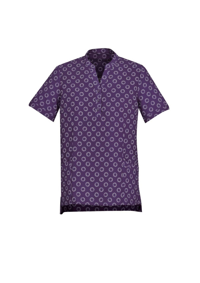 A purple tunic featuring a daisy print pattern, designed as part of a uniform collection.
