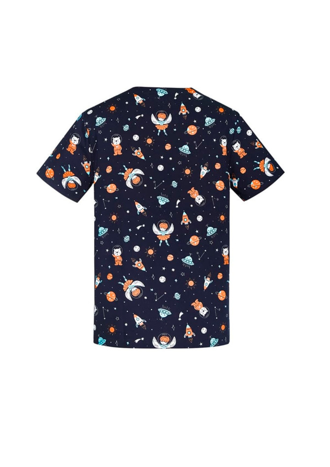 A navy scrub top featuring colourful space-themed prints, including astronauts, rockets, and planets, with a logo.