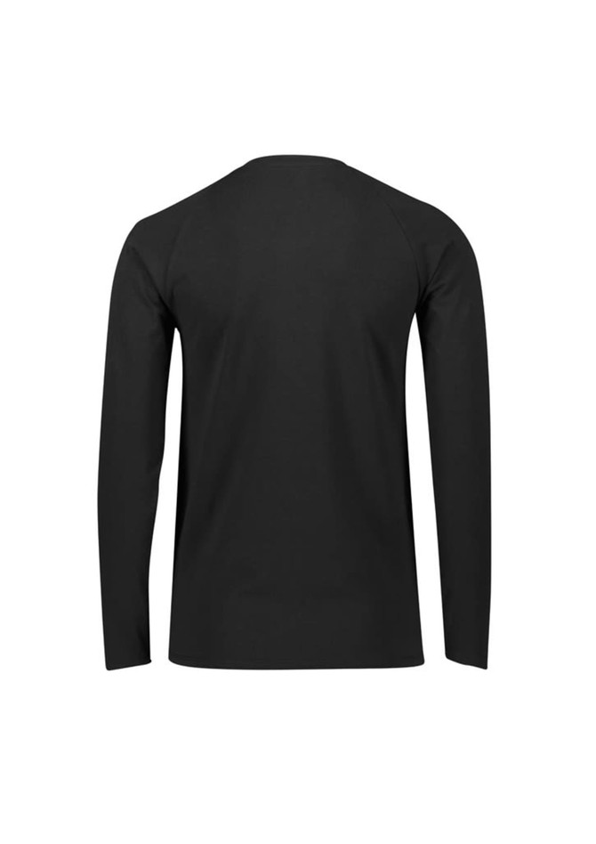 A black women's long sleeve performance tee featuring a simple design and a logo on the back.