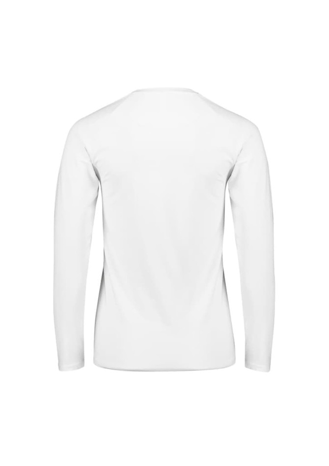 A long sleeve tee in white, featuring a simple design and a logo on the back.