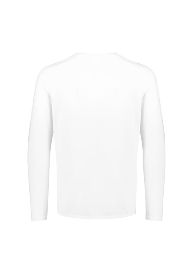 A white long sleeve men's performance tee, featuring a plain design and a branding logo.