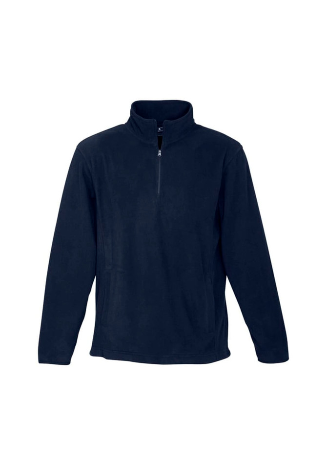 A navy men's polar fleece jacket with a half zip and a collar. The jacket has a subtle logo on it.