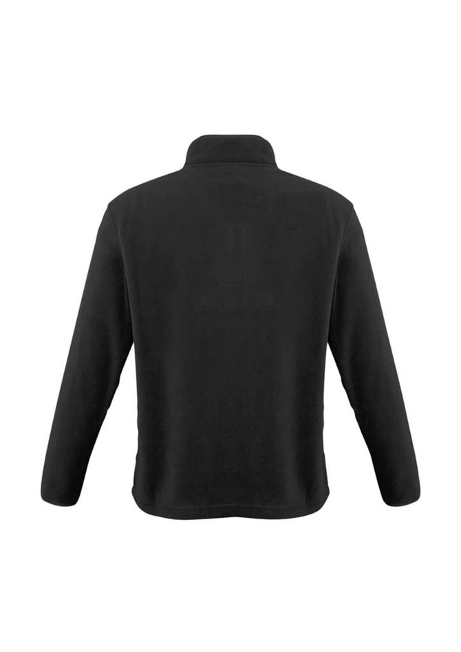 A black polar fleece jacket featuring a collar and long sleeves, with a simple design and branding on the back.