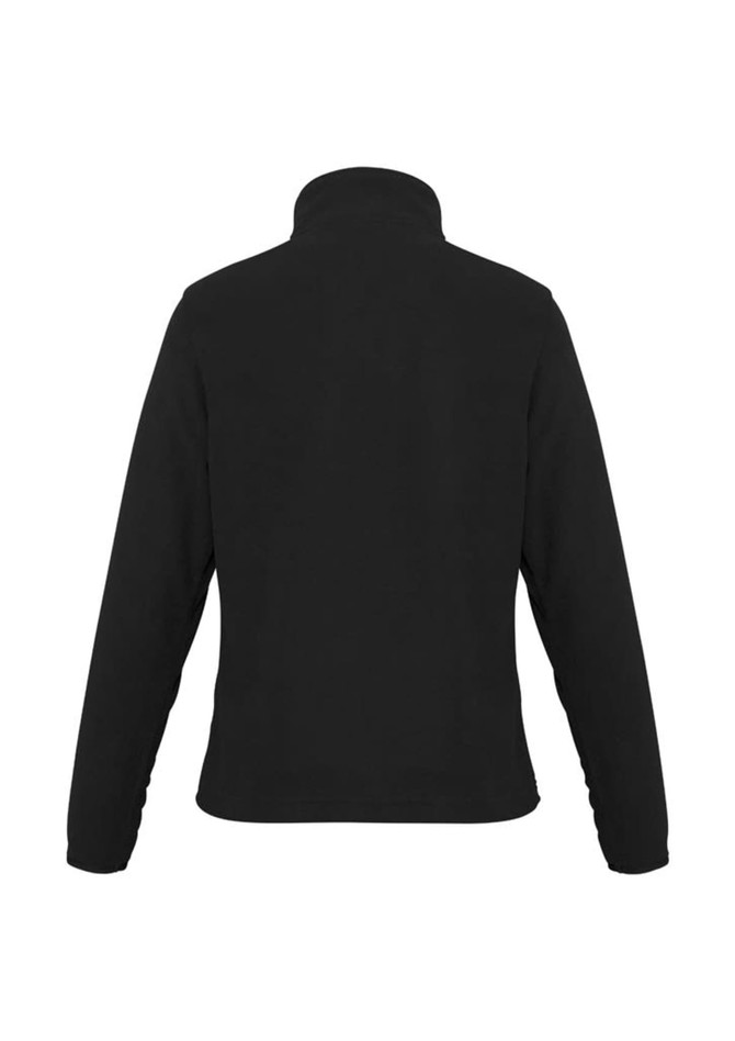 A black polar fleece women's jacket featuring a high collar and long sleeves, with a logo on the back.