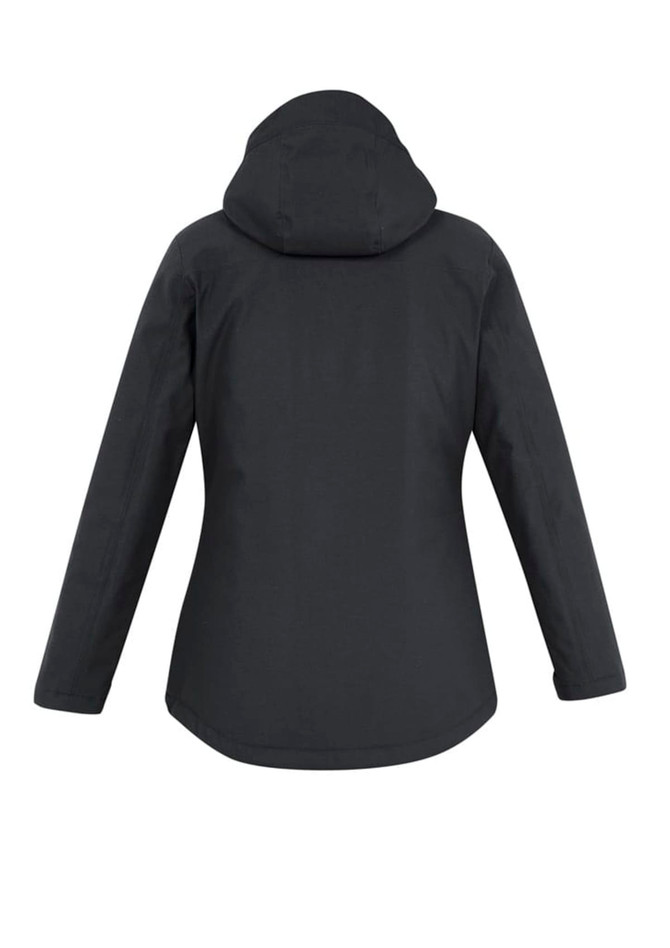 A women's rain jacket in dark grey with a hood, featuring a simple design and a logo on the back.