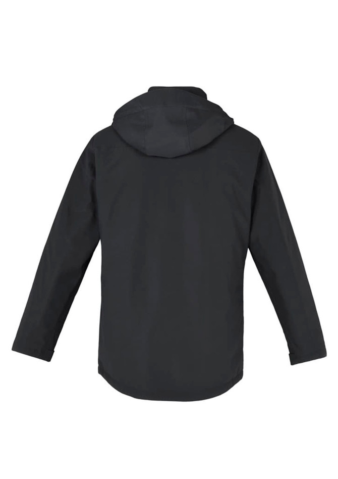 A black men's rain jacket with a hood, featuring a simple design and a branded logo.