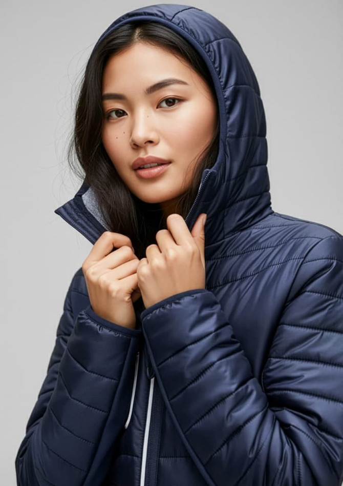 A woman in a navy unisex patrol jacket with a hood, adjusting the collar, featuring a sleek design.