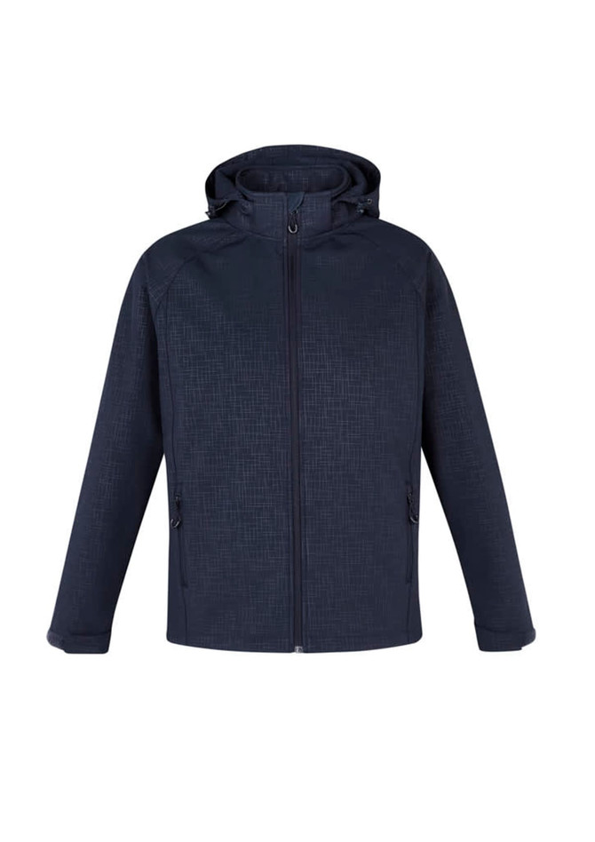 A dark blue soft shell jacket with a hood, featuring a textured pattern and zippered pockets.