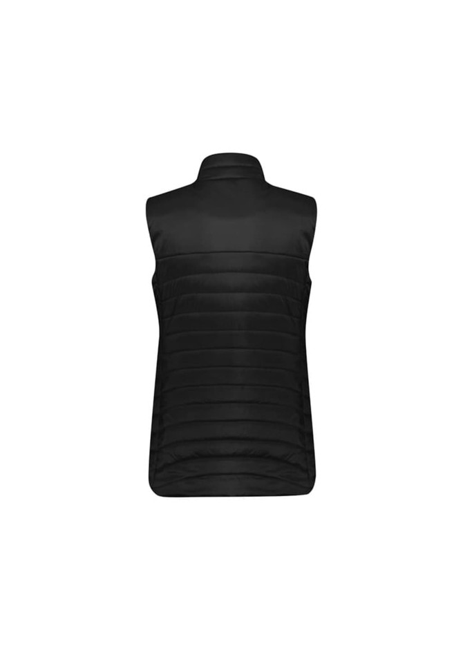 A black women's expedition vest with a high collar and quilted design, featuring a logo on the front.