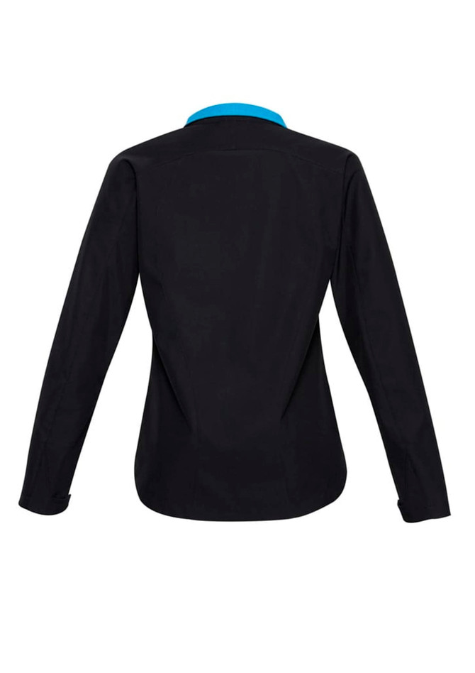 A soft shell jacket in black with a blue collar, featuring a branded logo on the back.