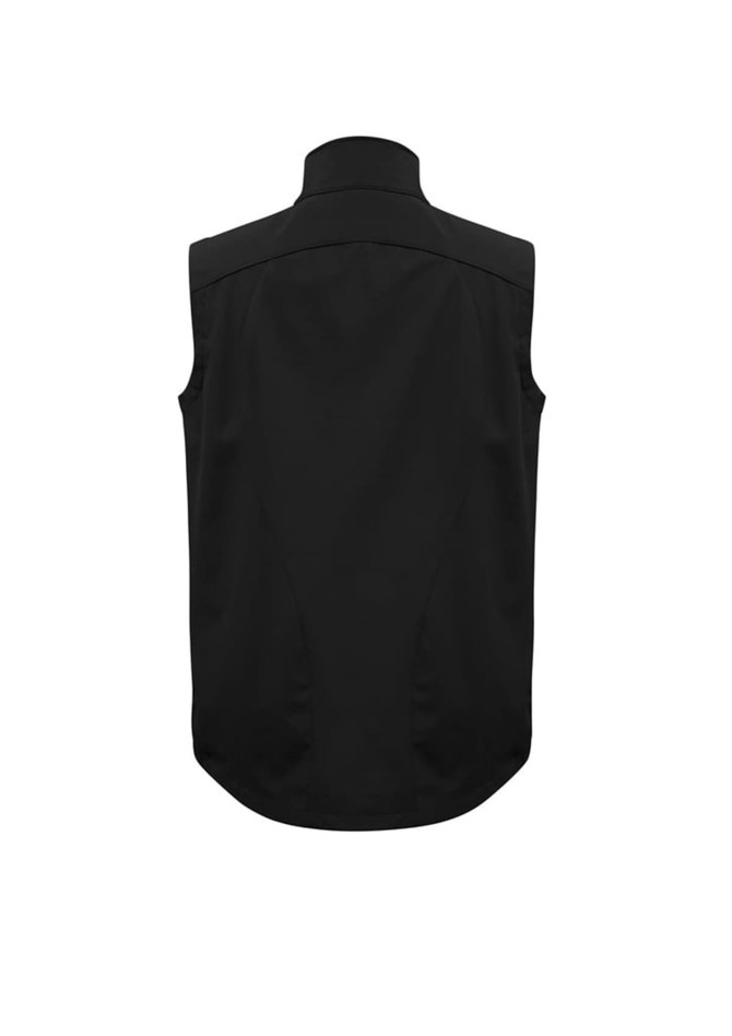 A black men's vest with a high collar and a fitted design, featuring a logo on the back.