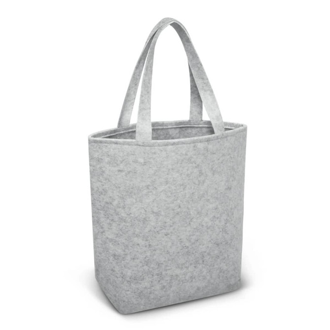 A gray felt tote bag with two handle straps and a structured shape.