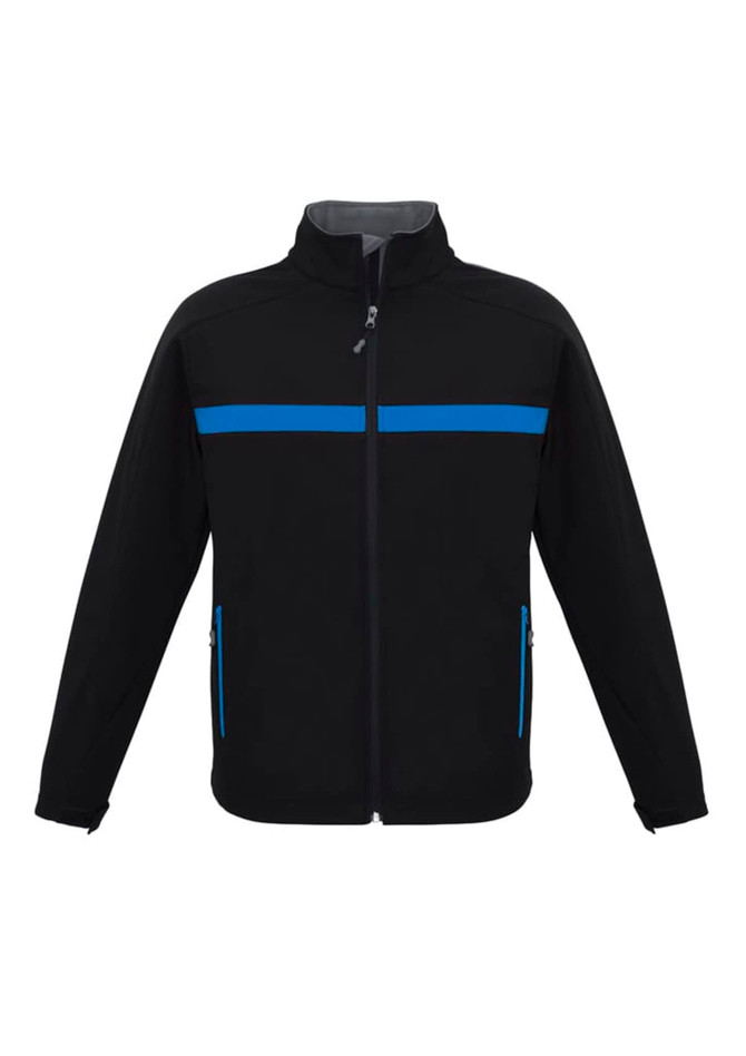 A black unisex soft shell jacket with blue accents and zippers, featuring a logo on the front.