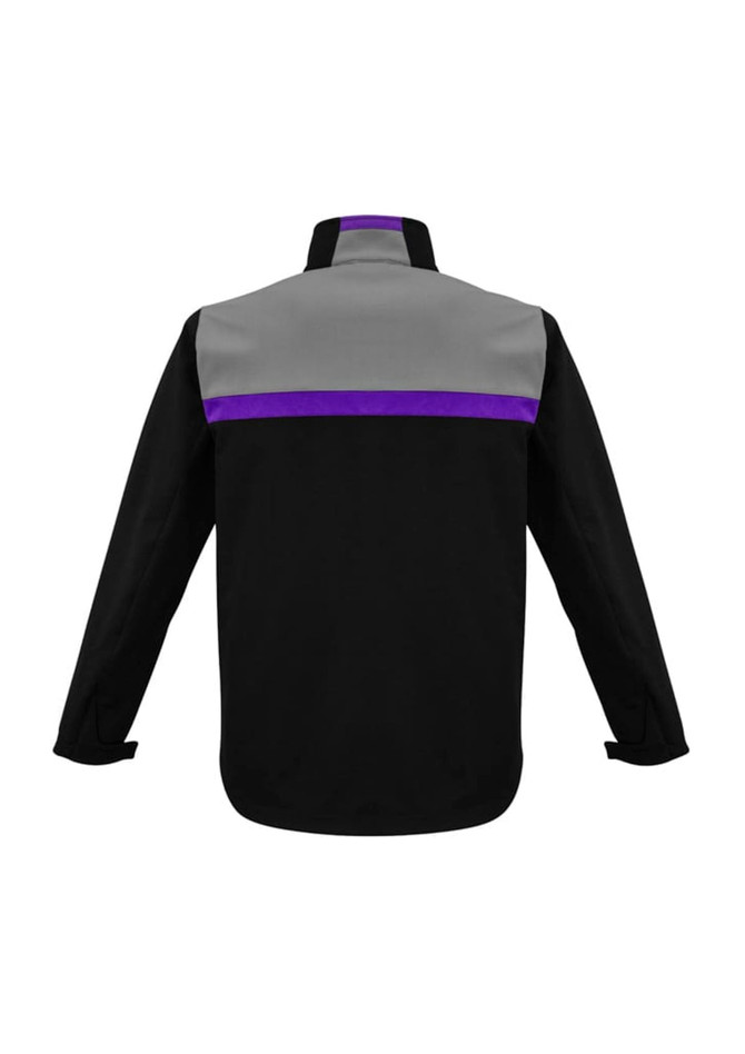 A soft shell jacket featuring a black body with grey and purple detailing, complete with a logo on the back.