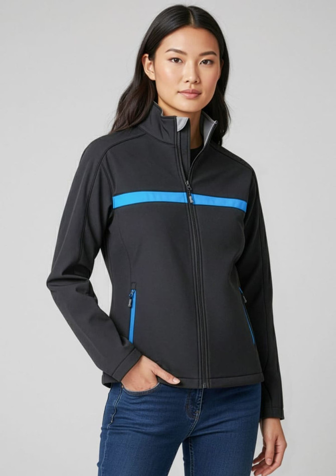 A unisex soft shell jacket in black with blue accents, featuring a zip-up front and side pockets.