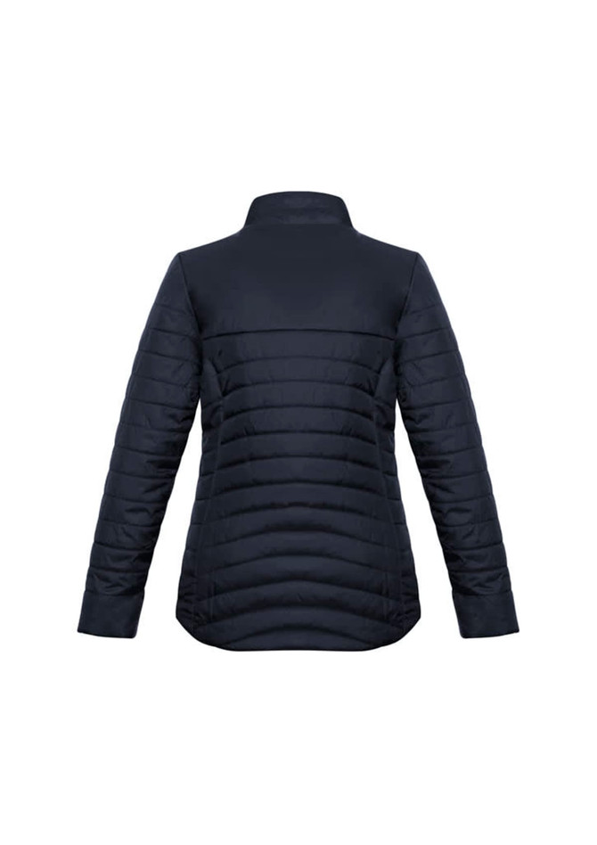 A women's puffer jacket in navy blue, featuring a high collar and a sleek, quilted design.