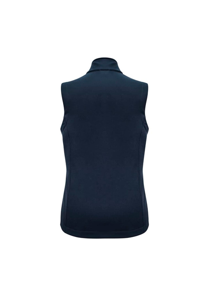 A navy women's vest featuring a high collar and no sleeves, with a logo on the back.