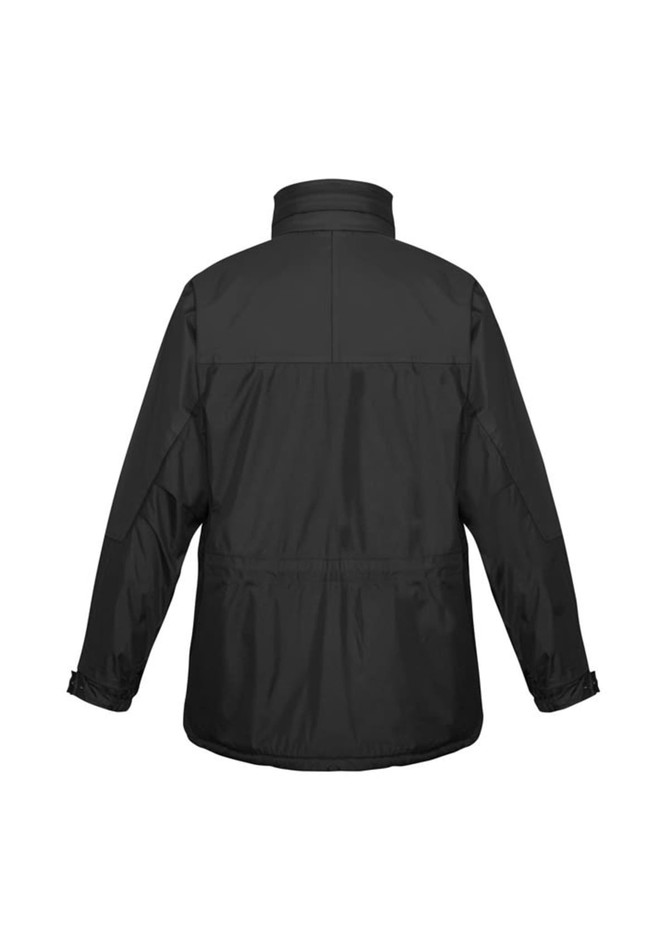 A black unisex puffer jacket featuring a high collar and adjustable cuffs, with a logo on the design.
