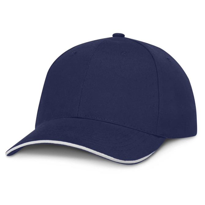 A cap with a navy blue body and white trim.