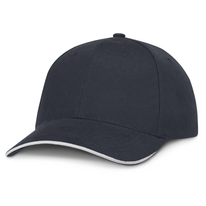 A black cap with a white trim, featuring a curved brim and a logo on the front.