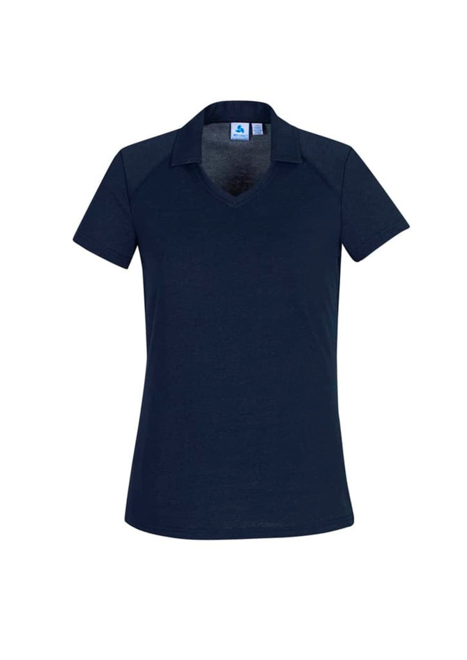 A navy women's polo shirt with short sleeves and a v-neck design, featuring a logo on the collar.