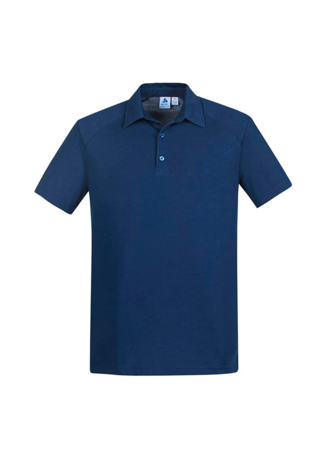 A navy blue short sleeve polo shirt featuring a collar and a logo.