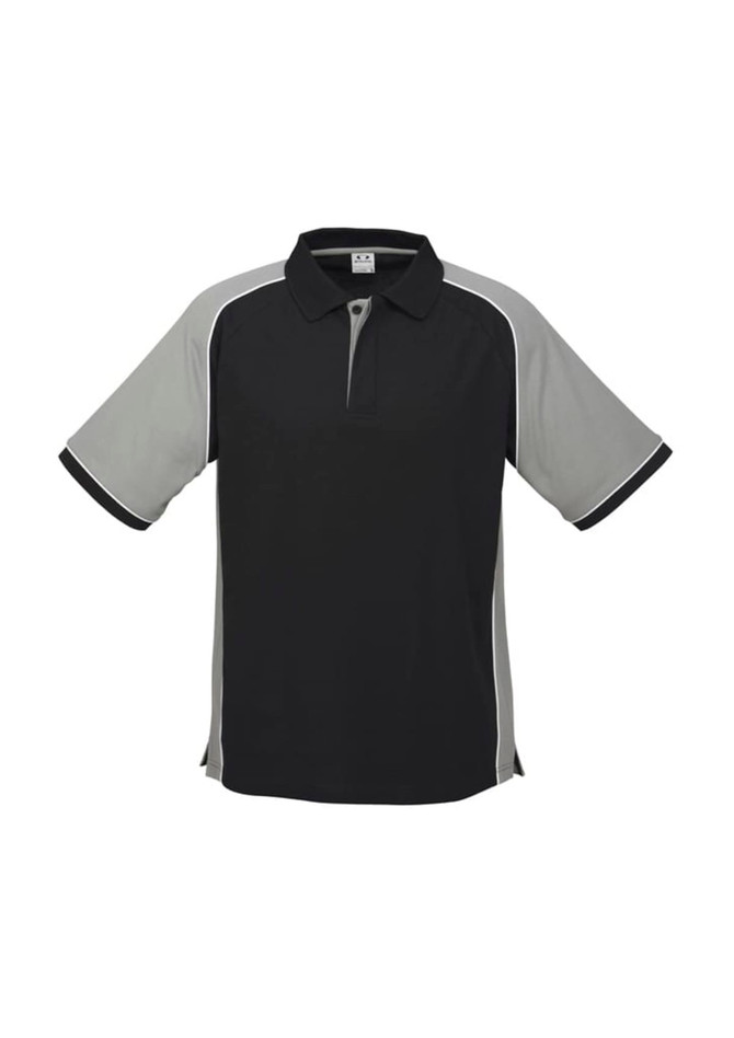 A black and grey men’s polo shirt with short sleeves and contrasting trim, featuring a logo.