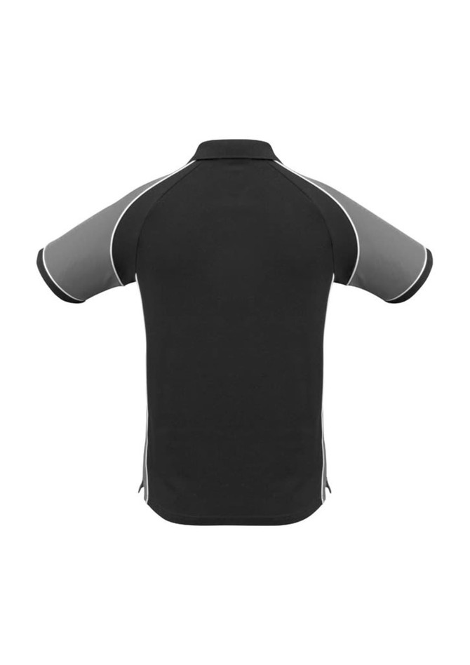 A black and grey men's polo shirt with short sleeves and a logo. Features contrasting trim and side panels.