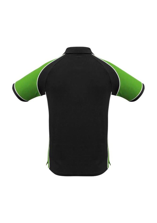 A black polo shirt with green sleeves and accents, featuring a standard collar and logo.