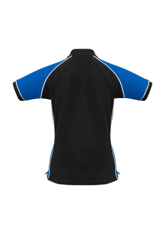 A black and blue women's polo shirt with a contrasting design and a logo on the front.