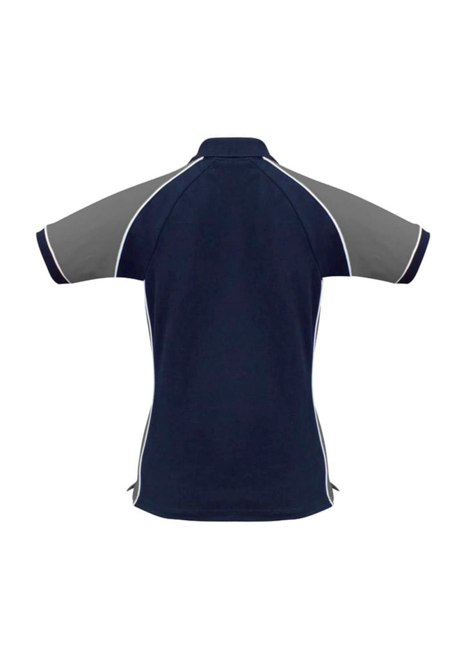 A navy blue women's polo shirt featuring grey sleeves and white piping, with a logo on the front.
