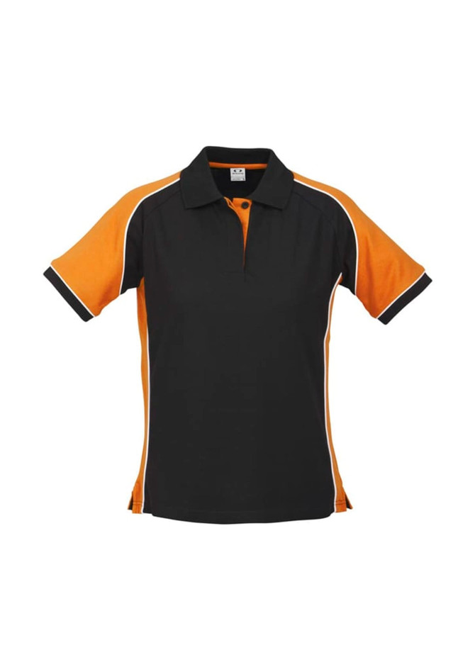 A women's polo shirt featuring black with orange accents and a logo. Short sleeves and a classic collar design.