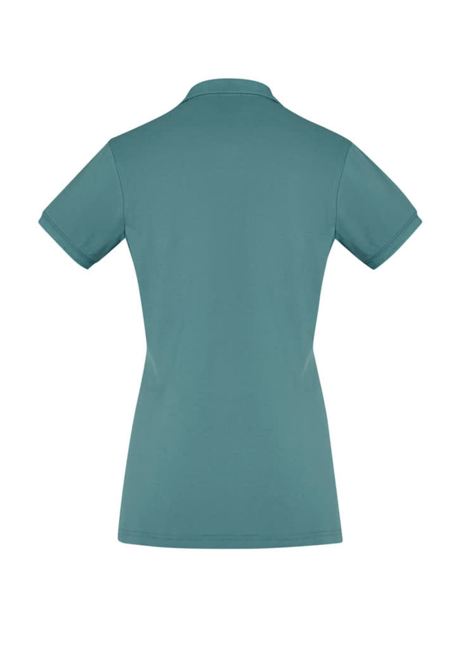 A back view of a women's short sleeve polo shirt in a teal colour, featuring a collar and fitted style.