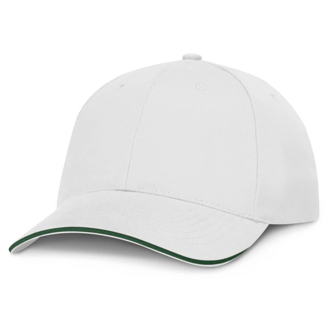 A white cap featuring a contrasting green trim on the brim.