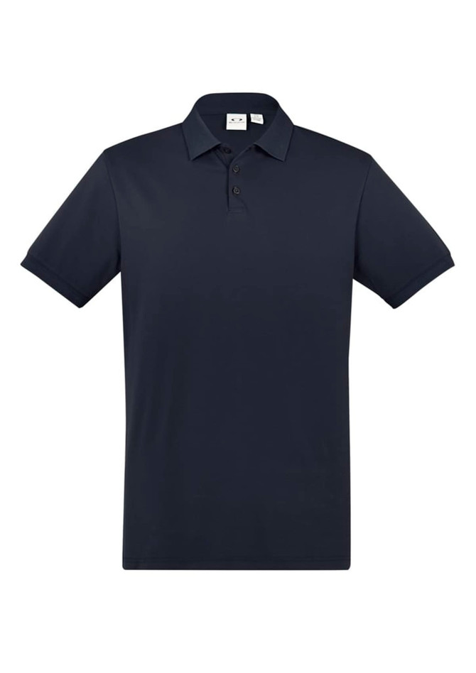 A navy short sleeve polo shirt with a collar, featuring three buttons and a logo on the chest.