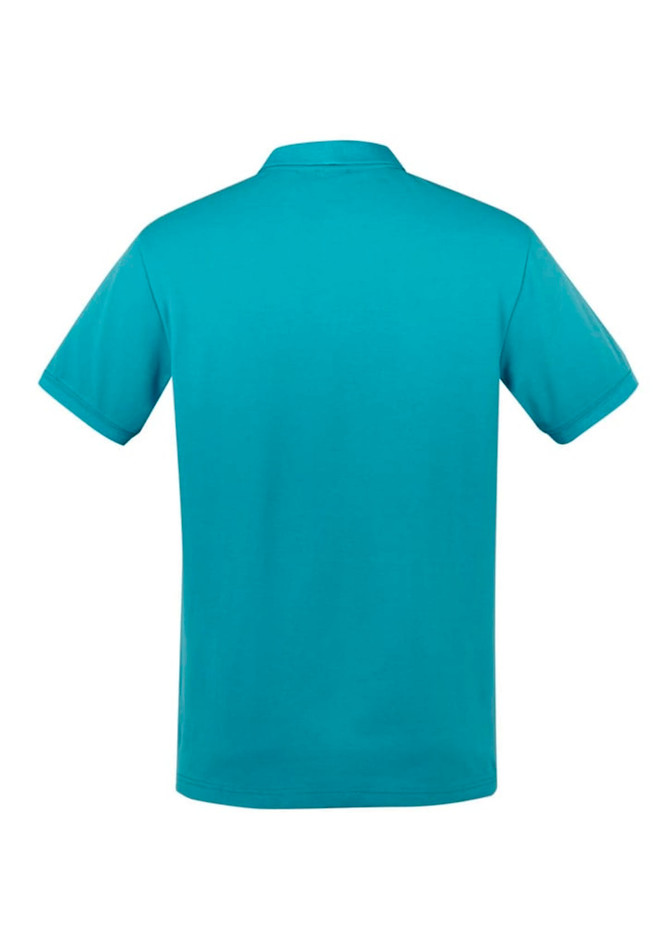 A teal men's short sleeve polo shirt featuring a classic design and a logo on the neckline.