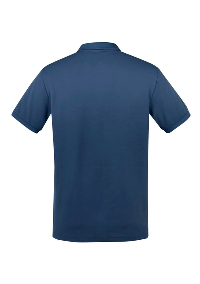 A navy blue short sleeve polo shirt with a classic collar and a logo on the back.