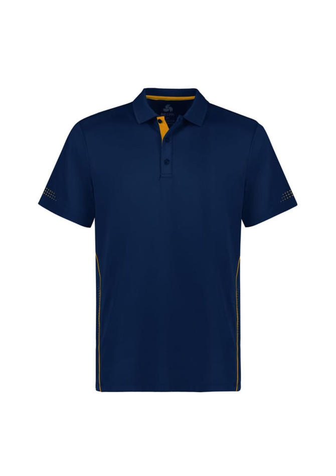 A navy blue kids' short sleeve polo shirt featuring yellow accents and a logo.