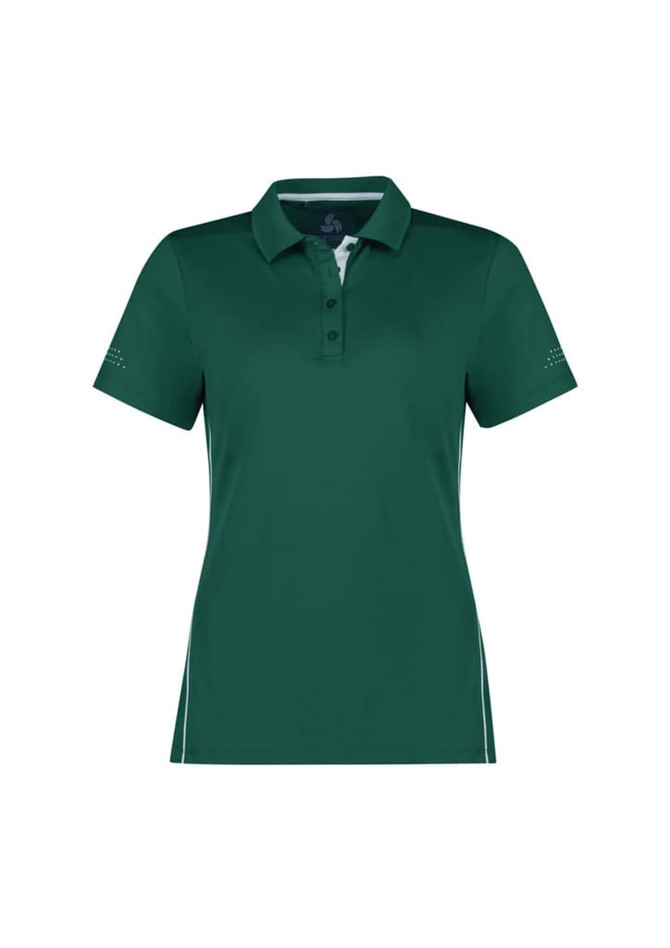 A green women's short sleeve polo shirt with a collar and side detailing, featuring a logo.