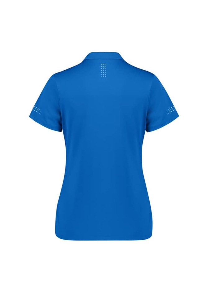 A women's short sleeve polo shirt in bright blue with a subtle logo and pattern detail on the sleeves and back.