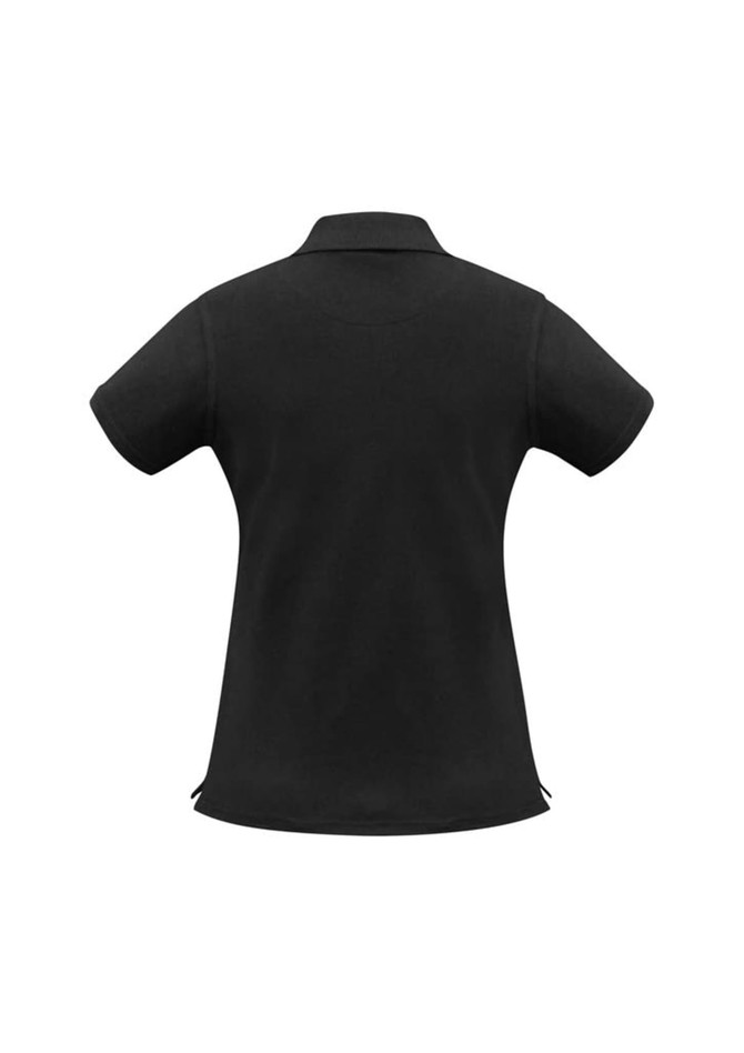 A black women's short sleeve polo shirt with a classic collar and a logo on the chest.